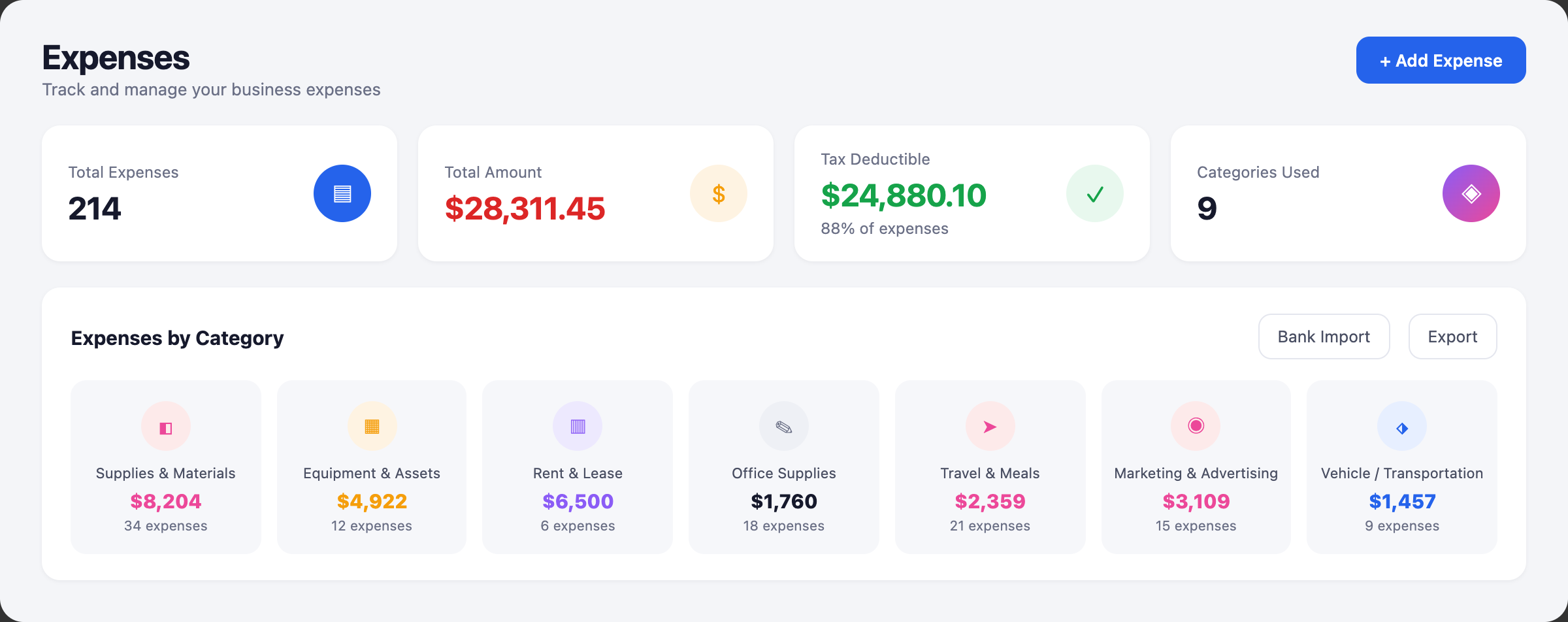 hakkuu expenses screen with category breakdown and tax deductible totals