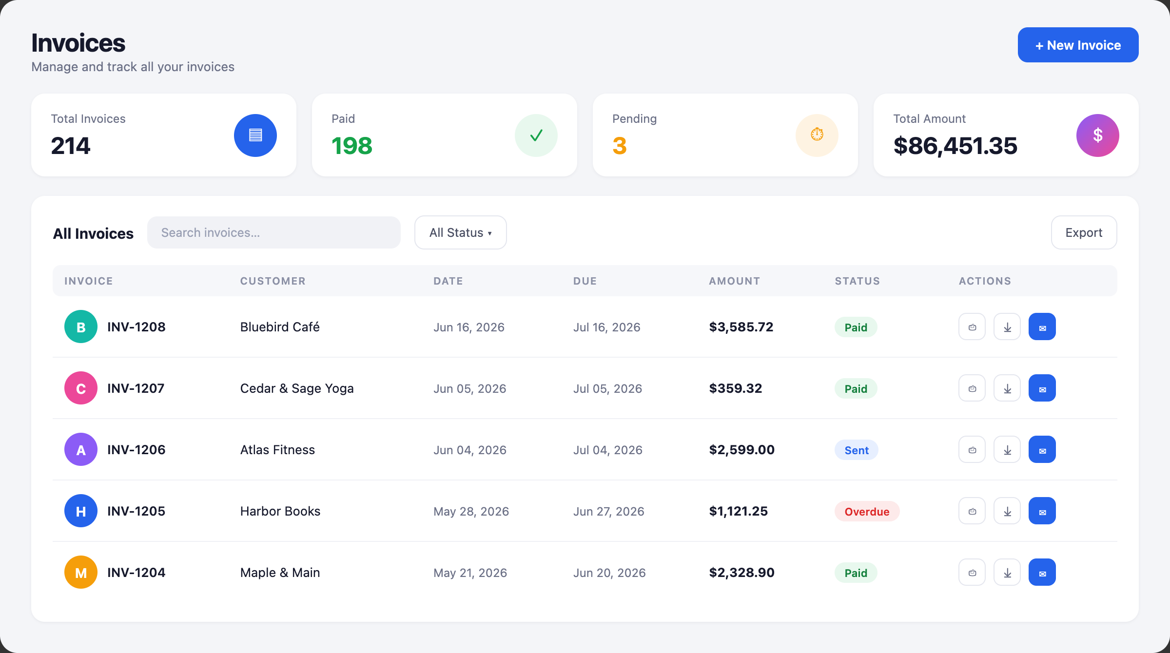 hakkuu invoices screen with paid, sent and overdue statuses